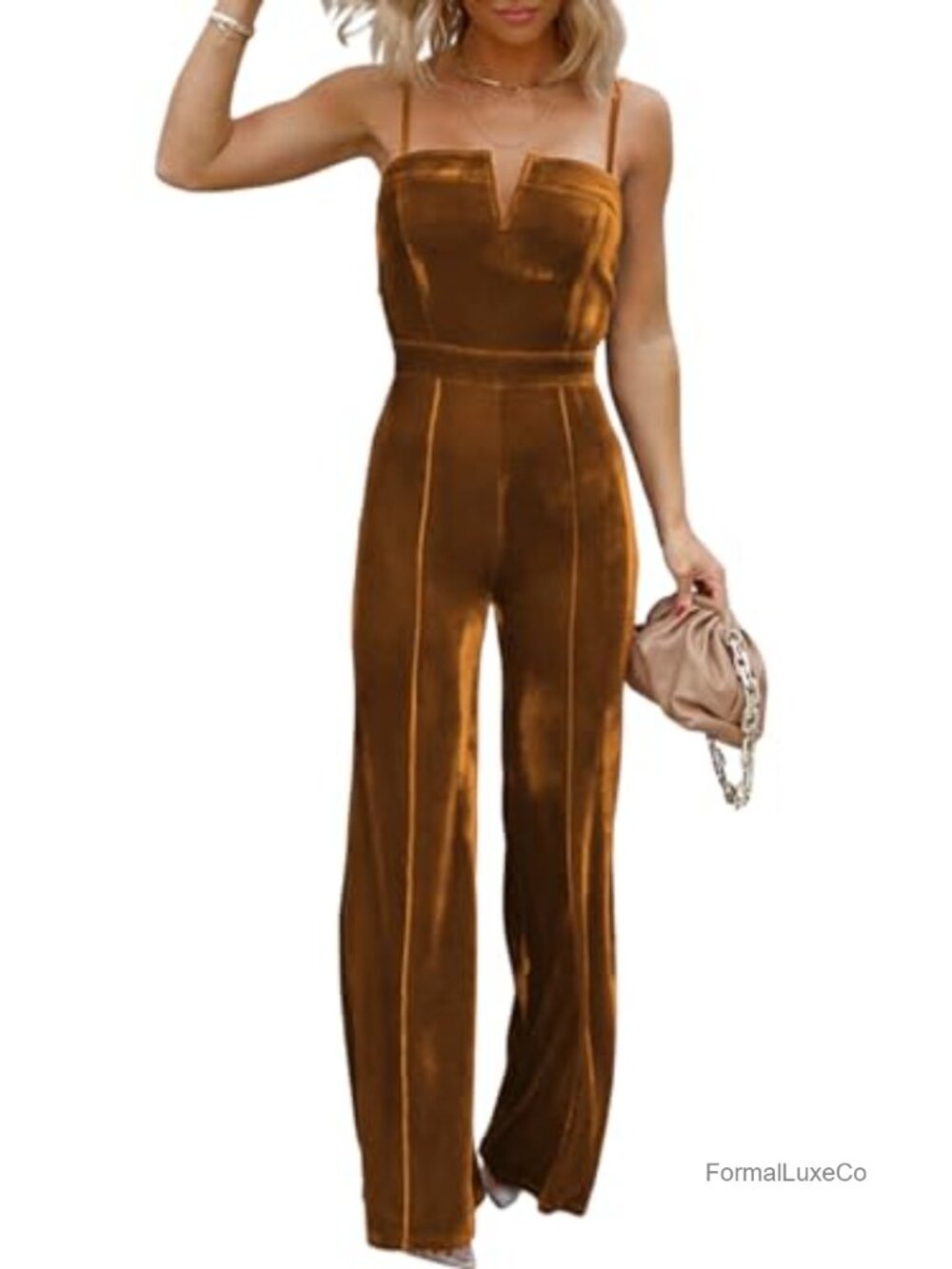 Sleeveless V Neck Velvet Jumpsuit Dressy Romper Wide Leg Pockets